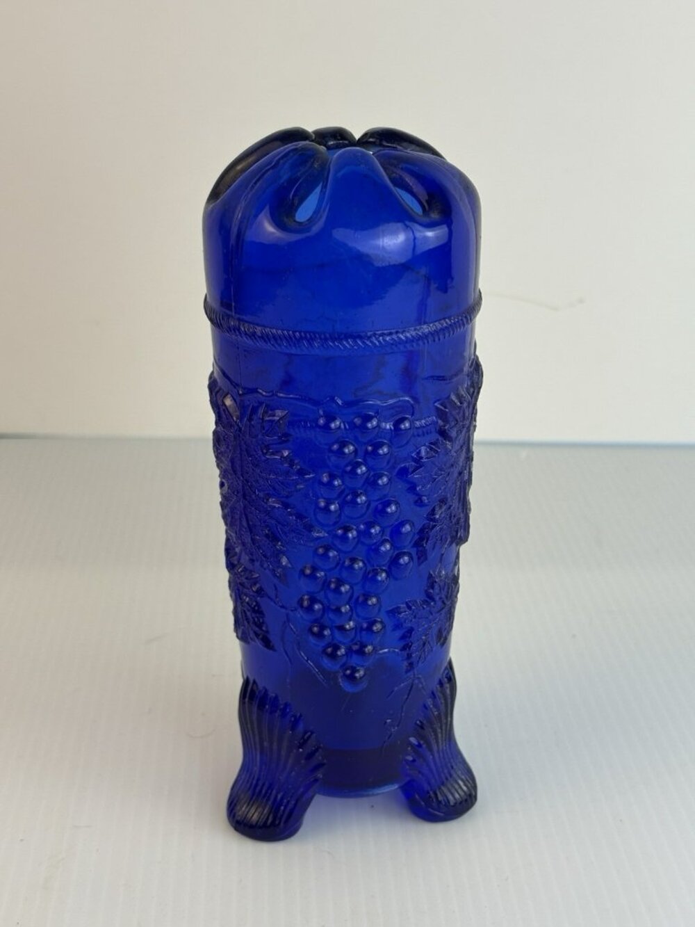 Vintage Cobalt Blue Glass Grape and Cable Footed 7" Hatpin Holder Vase